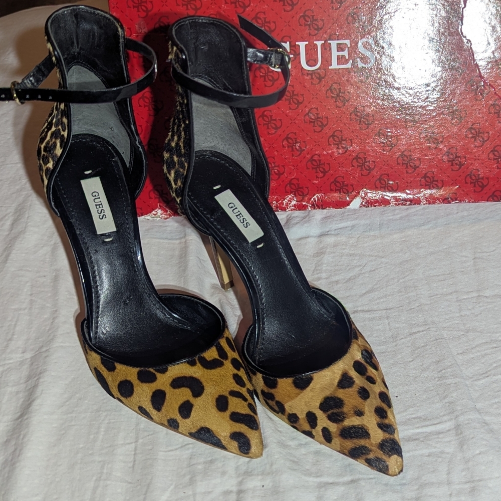 GUESS Animal Print Ankle Strap Heels